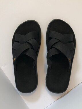 Women's 9 Teva Voya black Wide Strap Criss-Cross Slip-On Slide Sandals 1099272